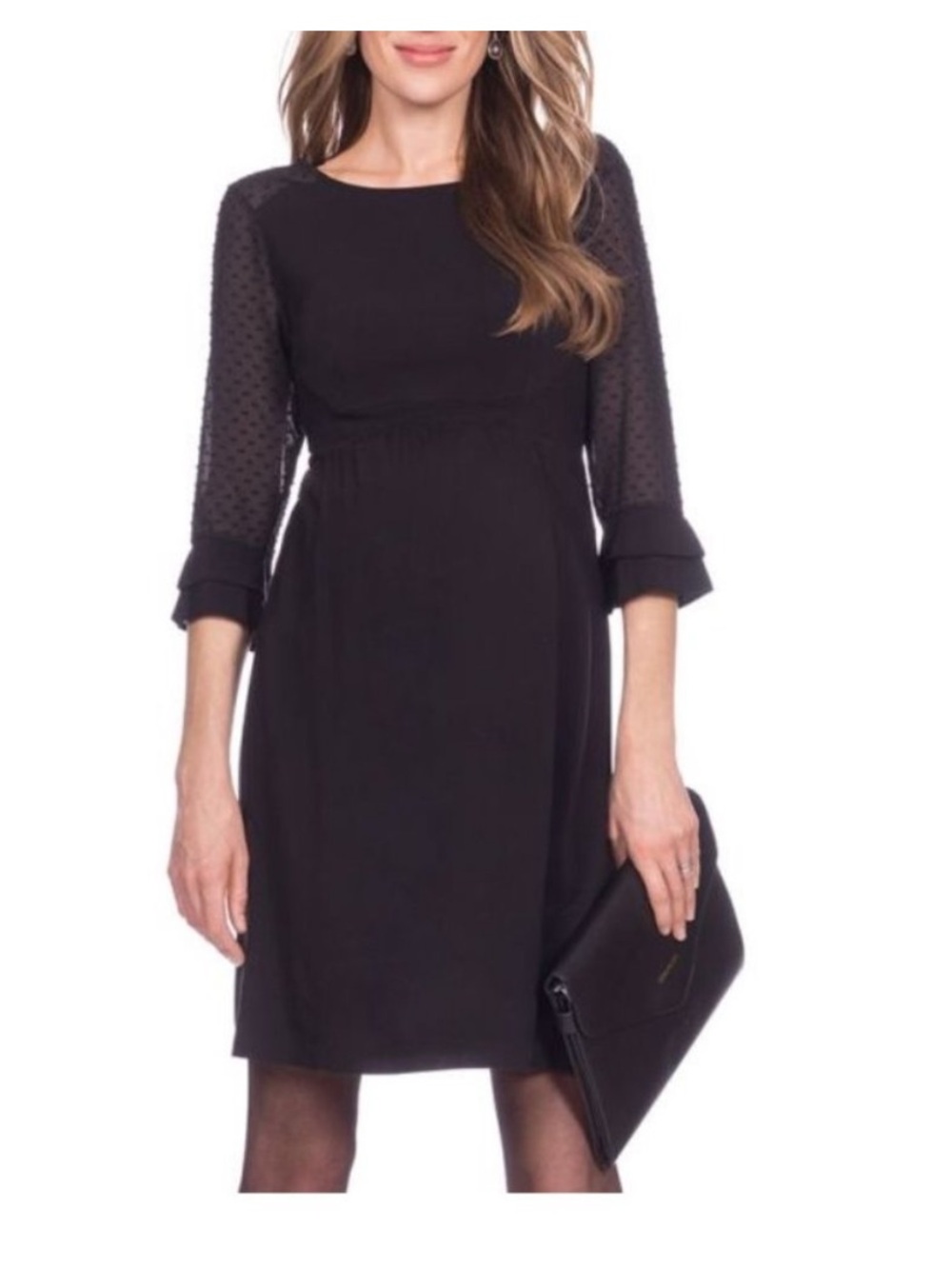 Seraphine Empire Waist Sheer Sleeve Swiss Dot Black Maternity Dress Sz 12